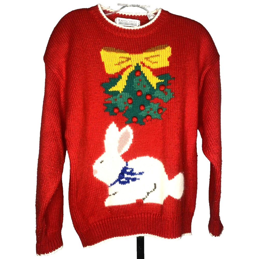 Vintage Karen Scott‎ Christmas Holiday Bunny Sweater Wool Blend Size Large 3D